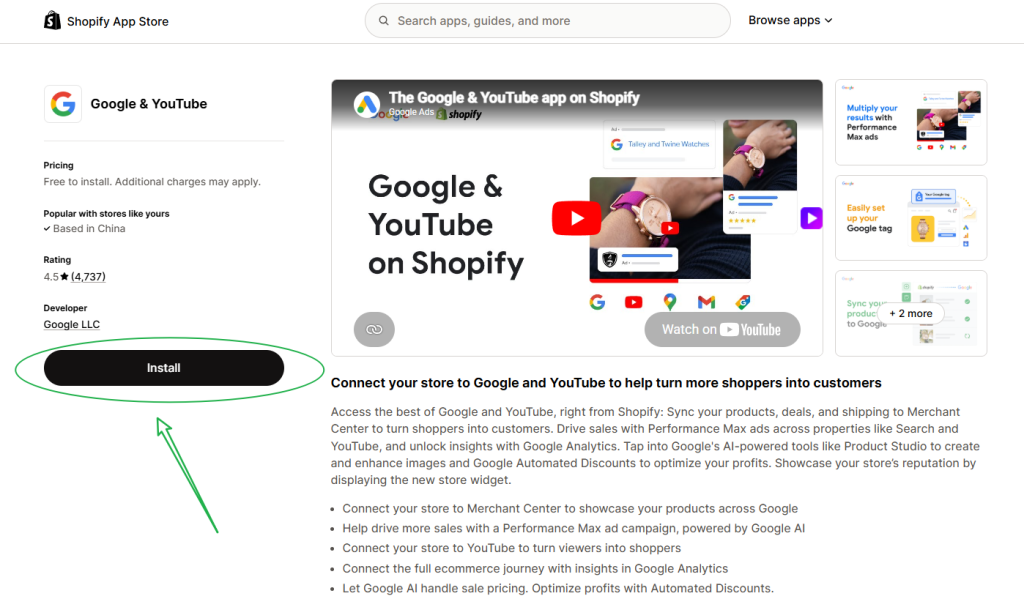 install google & youtube apps on shopify