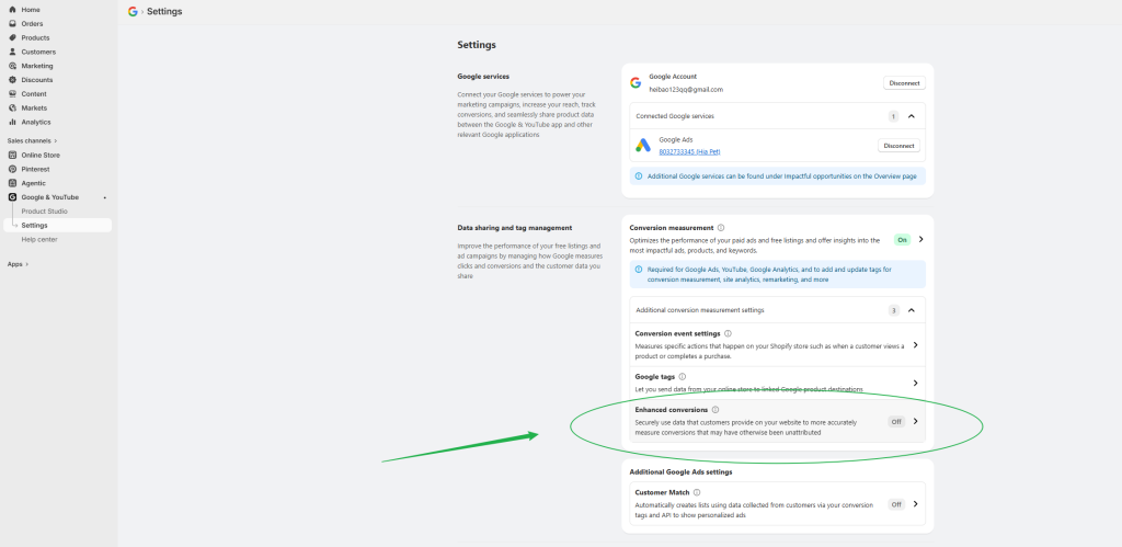 Shopify google ads 增强型转化开启
